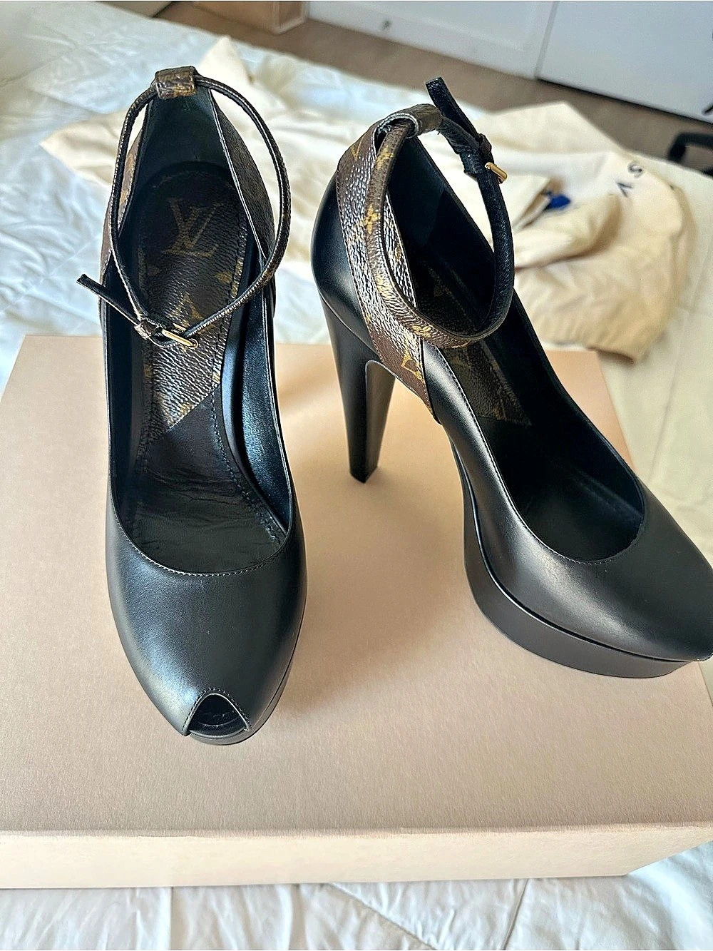 Louis Vuitton Monogram Leather Peep-Toe Pumps